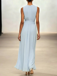 Women's Chiffon A-Line Maxi Dress with Ruched Waist and Crew Neck - Maisie London