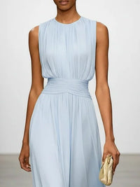 Women's Chiffon A-Line Maxi Dress with Ruched Waist and Crew Neck - Maisie London