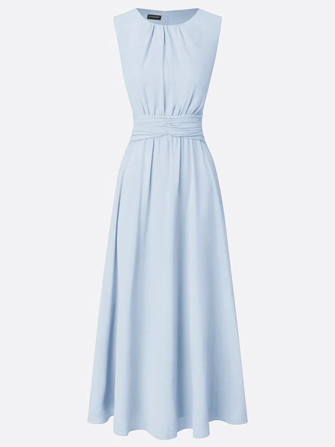 Women's Chiffon A-Line Maxi Dress with Ruched Waist and Crew Neck - Maisie London