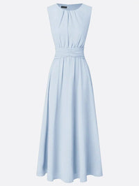 Women's Chiffon A-Line Maxi Dress with Ruched Waist and Crew Neck - Maisie London