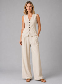 Women's Tailored Waistcoat and Wide-Leg Trouser Set with Pockets - Maisie London