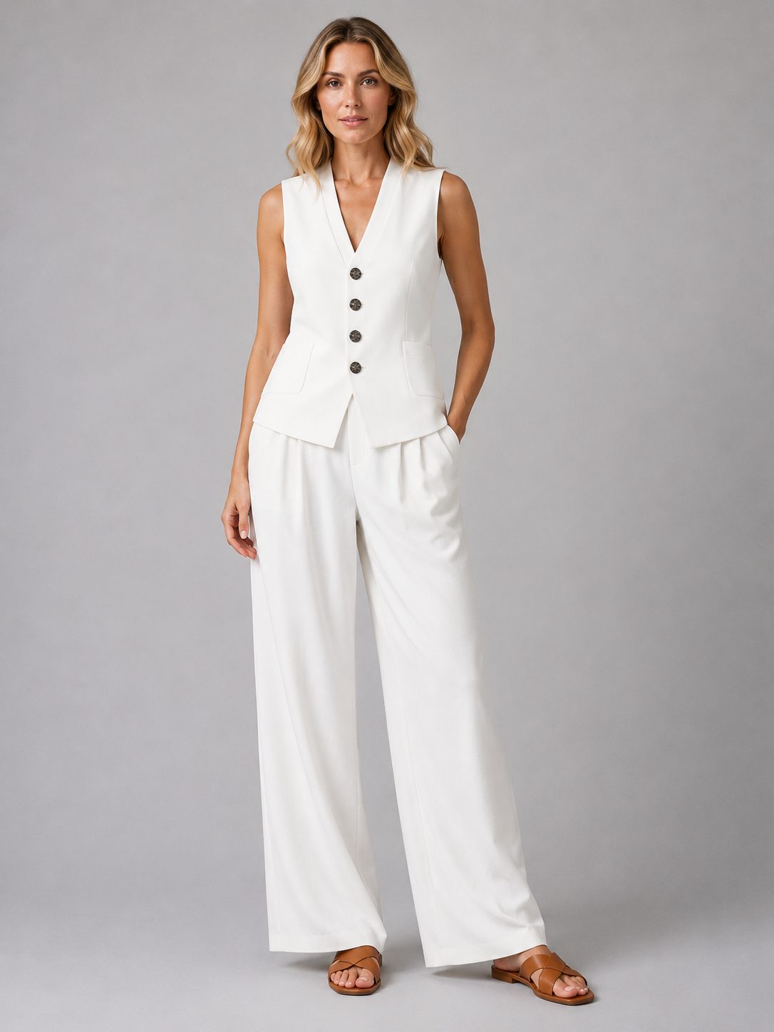 Women's Tailored Waistcoat and Wide-Leg Trouser Set with Pockets - Maisie London