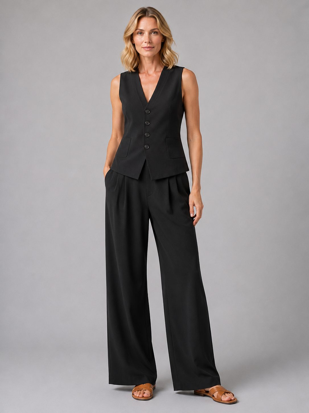 Women's Tailored Waistcoat and Wide-Leg Trouser Set with Pockets - Maisie London