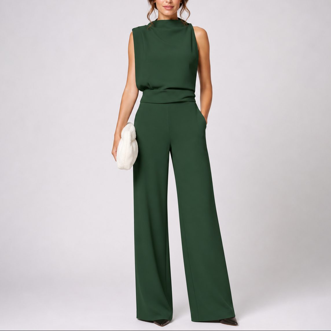 Women's Crepe Wide-Leg Jumpsuit with High Neck and Side Pockets - Maisie London