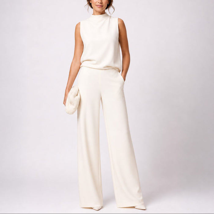 Women's Crepe Wide-Leg Jumpsuit with High Neck and Side Pockets - Maisie London