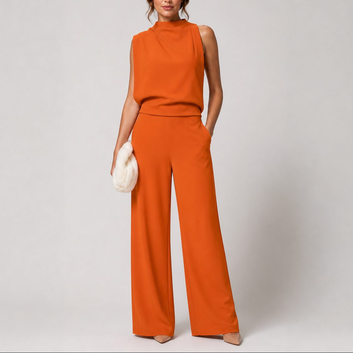 Women's Crepe Wide-Leg Jumpsuit with High Neck and Side Pockets - Maisie London