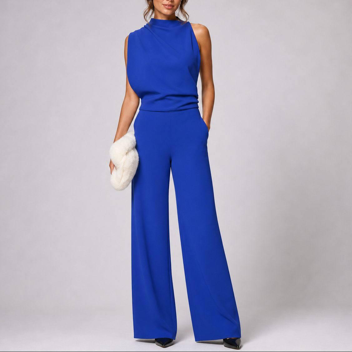 Women's Crepe Wide-Leg Jumpsuit with High Neck and Side Pockets - Maisie London