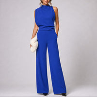 Women's Crepe Wide-Leg Jumpsuit with High Neck and Side Pockets - Maisie London