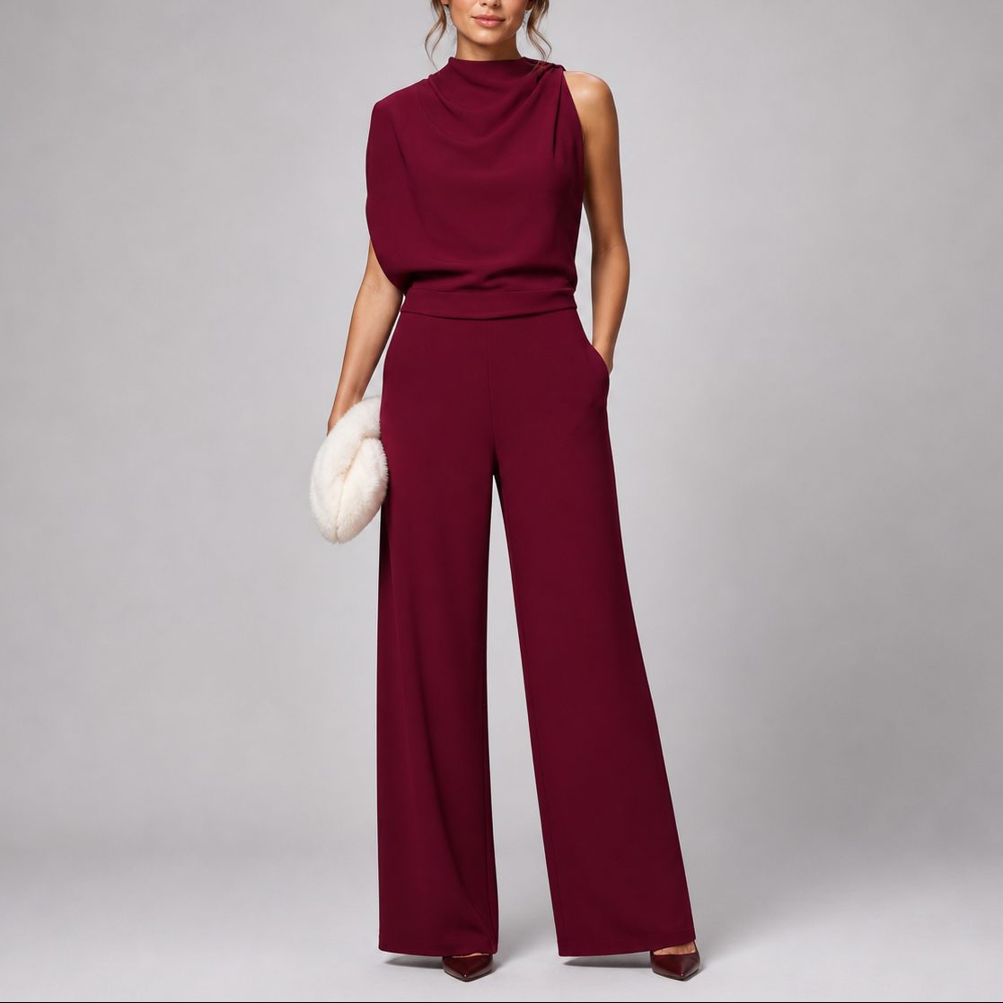 Women's Crepe Wide-Leg Jumpsuit with High Neck and Side Pockets - Maisie London