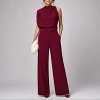 Women's Crepe Wide-Leg Jumpsuit with High Neck and Side Pockets - Maisie London