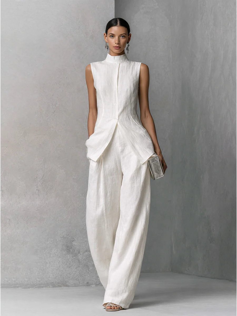 Women's White Linen-Look Wide-Leg Co-ord Set with High Neck - Maisie London