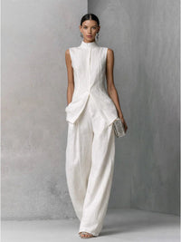Women's White Linen-Look Wide-Leg Co-ord Set with High Neck - Maisie London