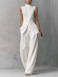 Women's White Linen-Look Wide-Leg Co-ord Set with High Neck - Maisie London