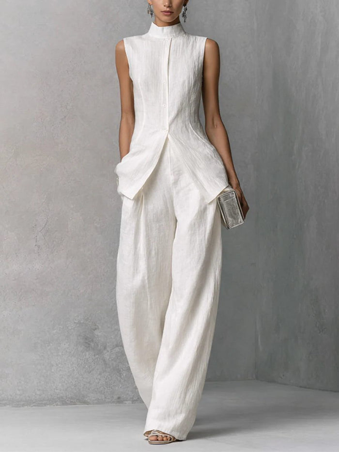 Women's White Linen-Look Wide-Leg Co-ord Set with High Neck - Maisie London