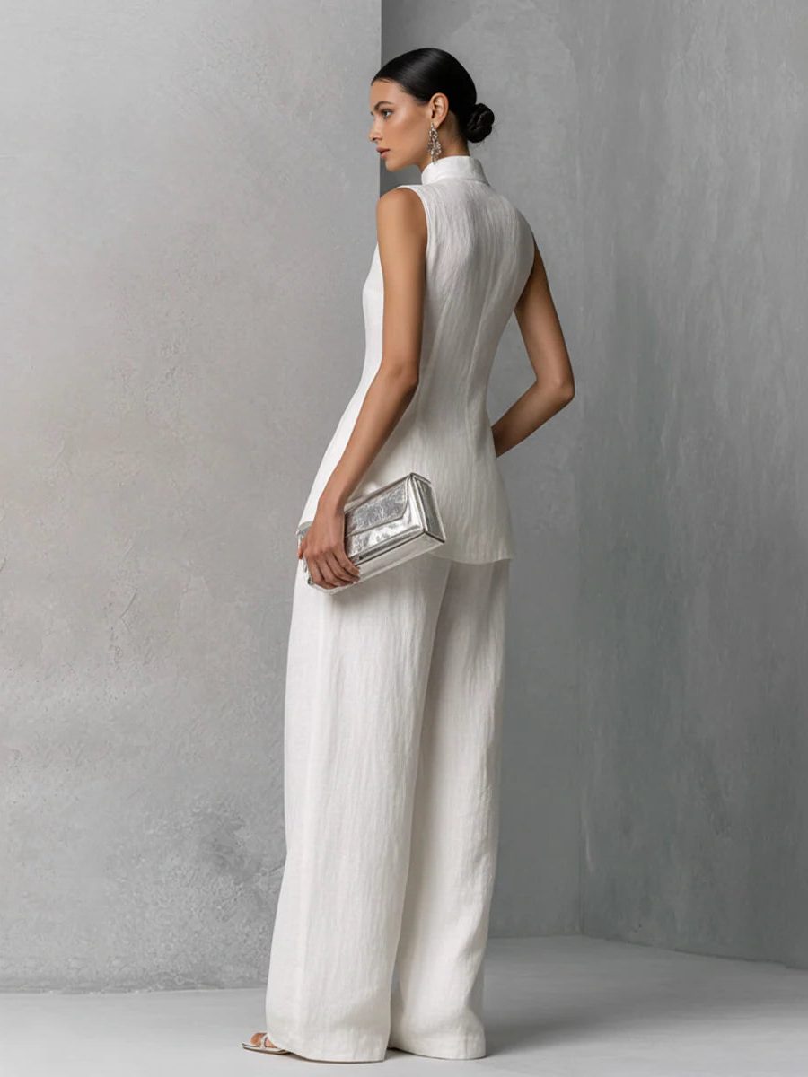 Women's White Linen-Look Wide-Leg Co-ord Set with High Neck - Maisie London