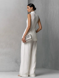 Women's White Linen-Look Wide-Leg Co-ord Set with High Neck - Maisie London