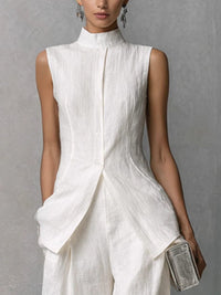 Women's White Linen-Look Wide-Leg Co-ord Set with High Neck - Maisie London