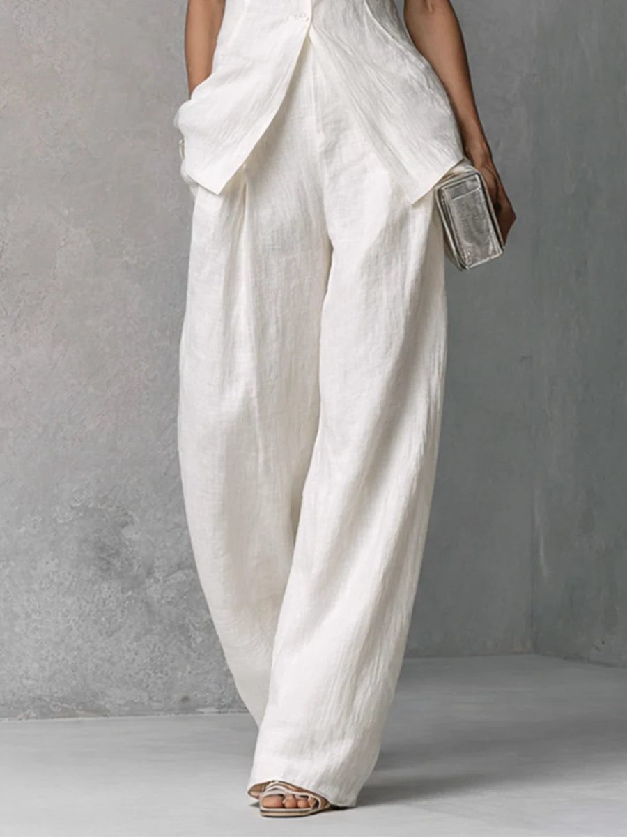 Women's White Linen-Look Wide-Leg Co-ord Set with High Neck - Maisie London