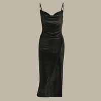 Women's Velvet Cowl Neck Midi Dress with Split Hem and Slim Straps - Maisie London