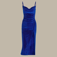 Women's Velvet Cowl Neck Midi Dress with Split Hem and Slim Straps - Maisie London