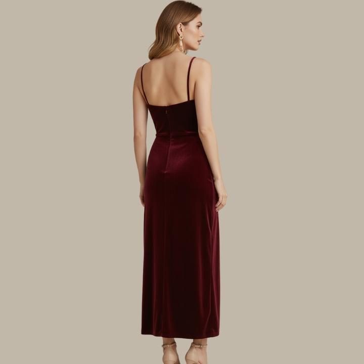 Women's Velvet Cowl Neck Midi Dress with Split Hem and Slim Straps - Maisie London