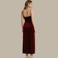 Women's Velvet Cowl Neck Midi Dress with Split Hem and Slim Straps - Maisie London