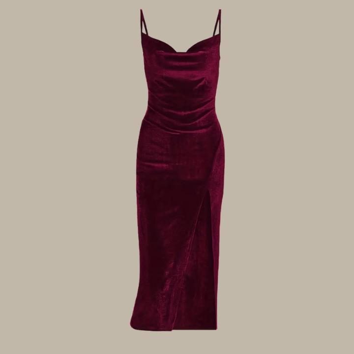 Women's Velvet Cowl Neck Midi Dress with Split Hem and Slim Straps - Maisie London
