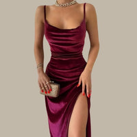 Women's Velvet Cowl Neck Midi Dress with Split Hem and Slim Straps - Maisie London