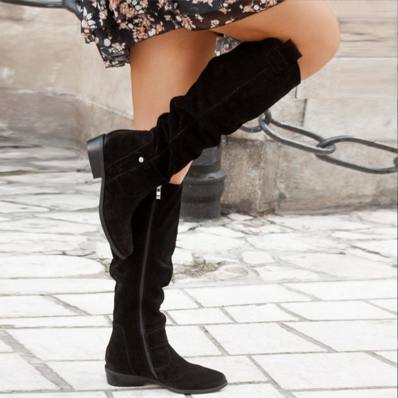 Women's Faux Suede Slouch Knee-High Boots with Block Heel and Side Zip - Maisie London