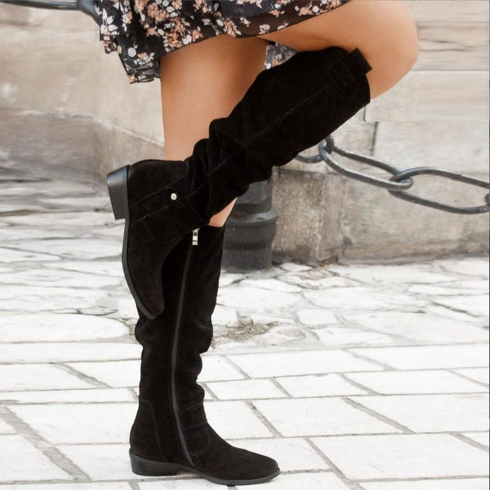 Women's Faux Suede Slouch Knee-High Boots with Block Heel and Side Zip - Maisie London