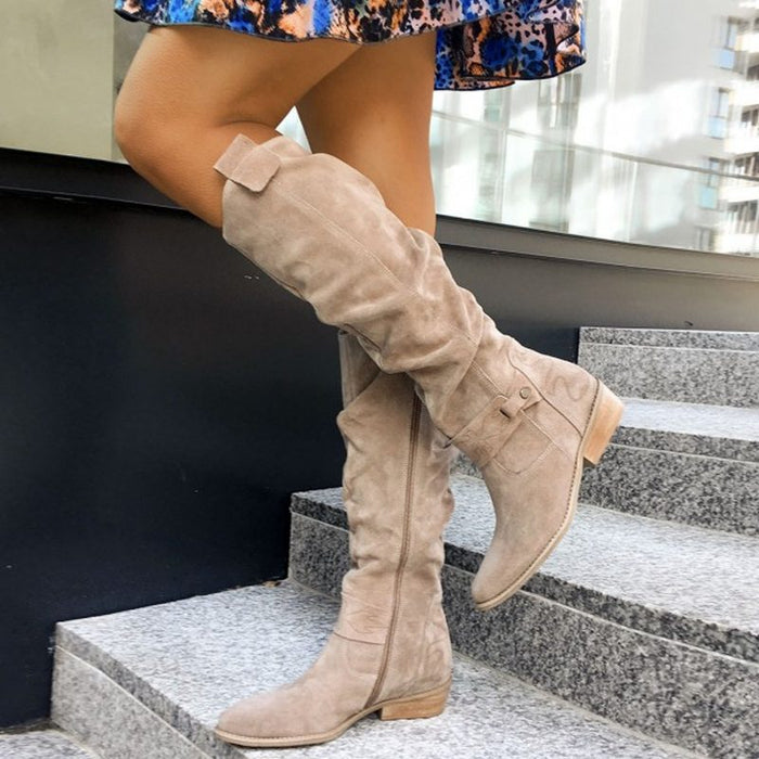 Women's Faux Suede Slouch Knee-High Boots with Block Heel and Side Zip - Maisie London