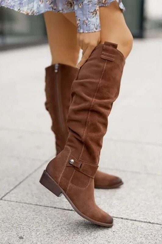 Women's Faux Suede Slouch Knee-High Boots with Block Heel and Side Zip - Maisie London