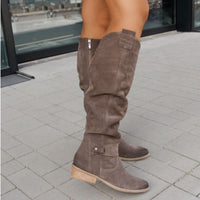 Women's Faux Suede Slouch Knee-High Boots with Block Heel and Side Zip - Maisie London