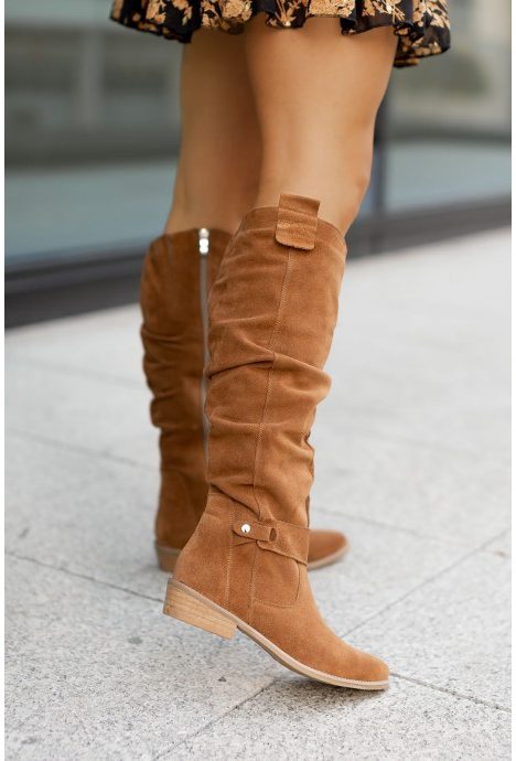 Women's Faux Suede Slouch Knee-High Boots with Block Heel and Side Zip - Maisie London