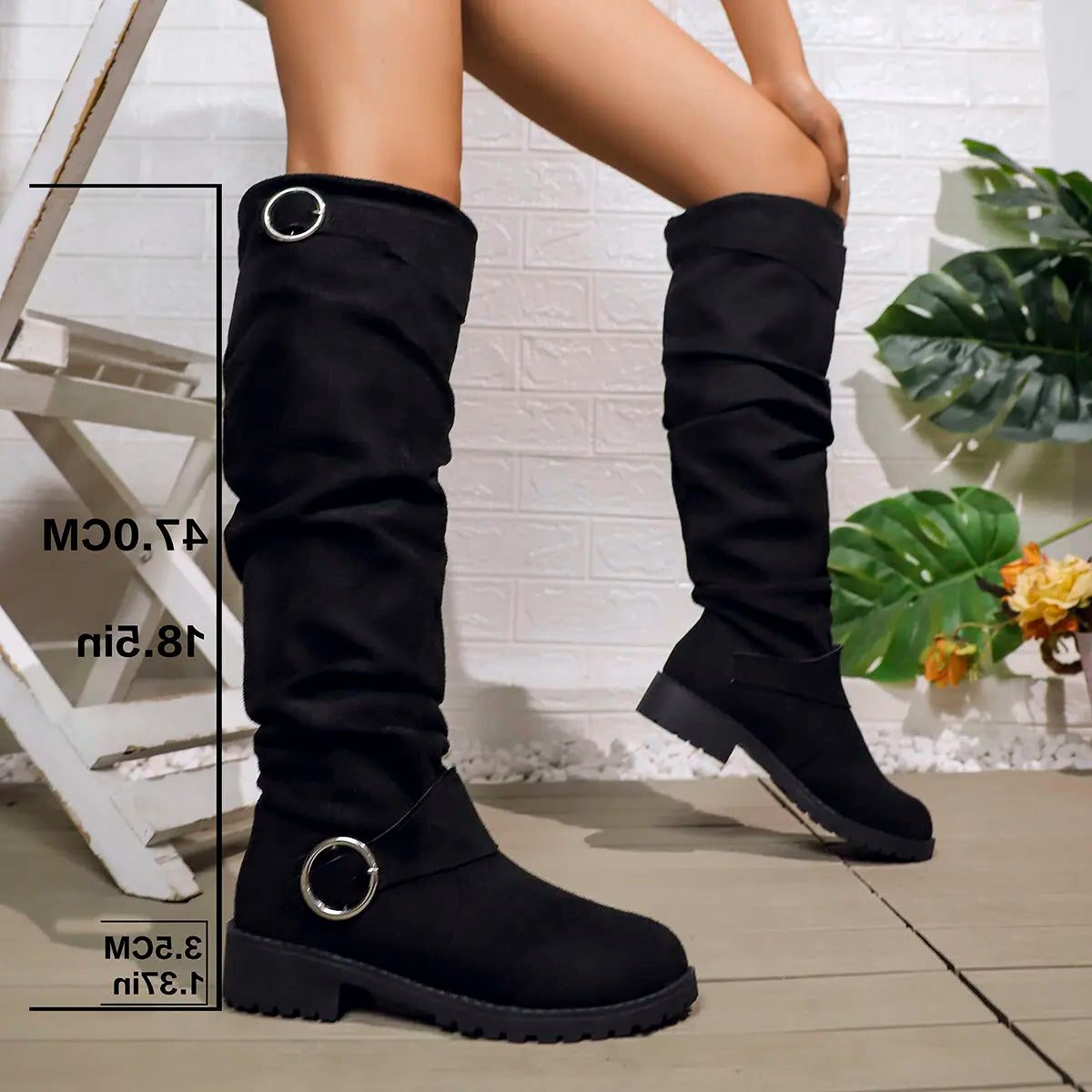 Women's Faux Suede Slouch Knee-High Boots with Ring Buckle Straps - Maisie London