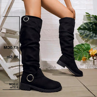 Women's Faux Suede Slouch Knee-High Boots with Ring Buckle Straps - Maisie London