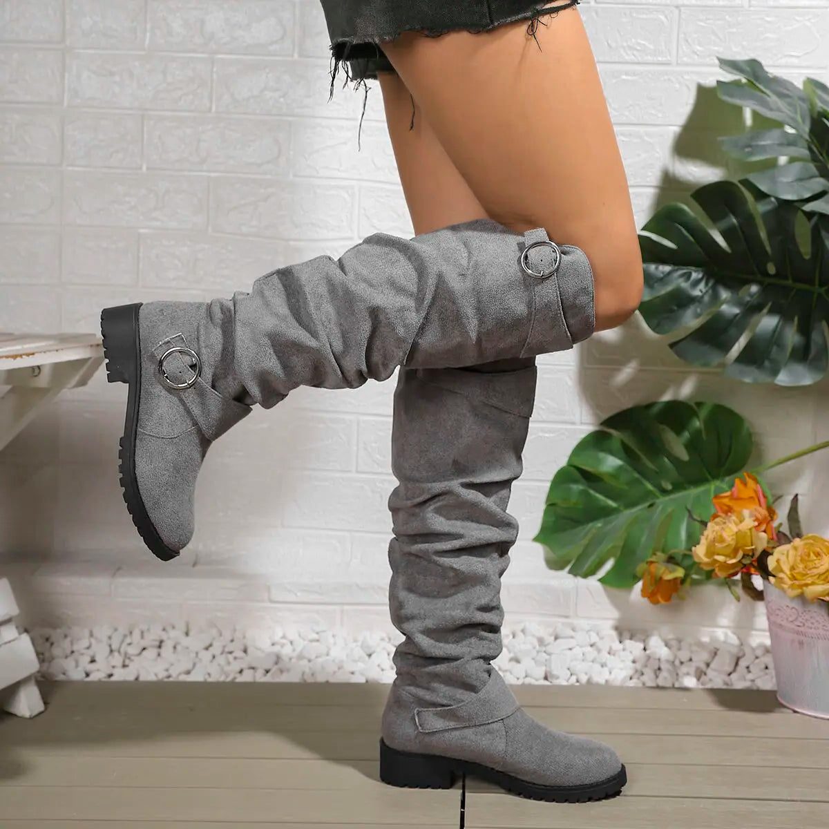 Women's Faux Suede Slouch Knee-High Boots with Ring Buckle Straps - Maisie London