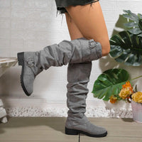 Women's Faux Suede Slouch Knee-High Boots with Ring Buckle Straps - Maisie London
