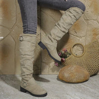 Women's Faux Suede Slouch Knee-High Boots with Ring Buckle Straps - Maisie London
