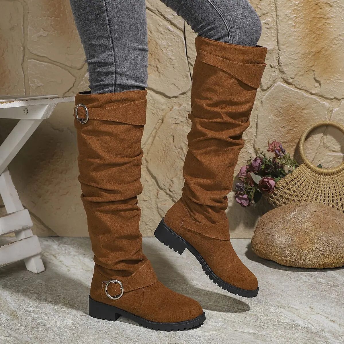 Women's Faux Suede Slouch Knee-High Boots with Ring Buckle Straps - Maisie London