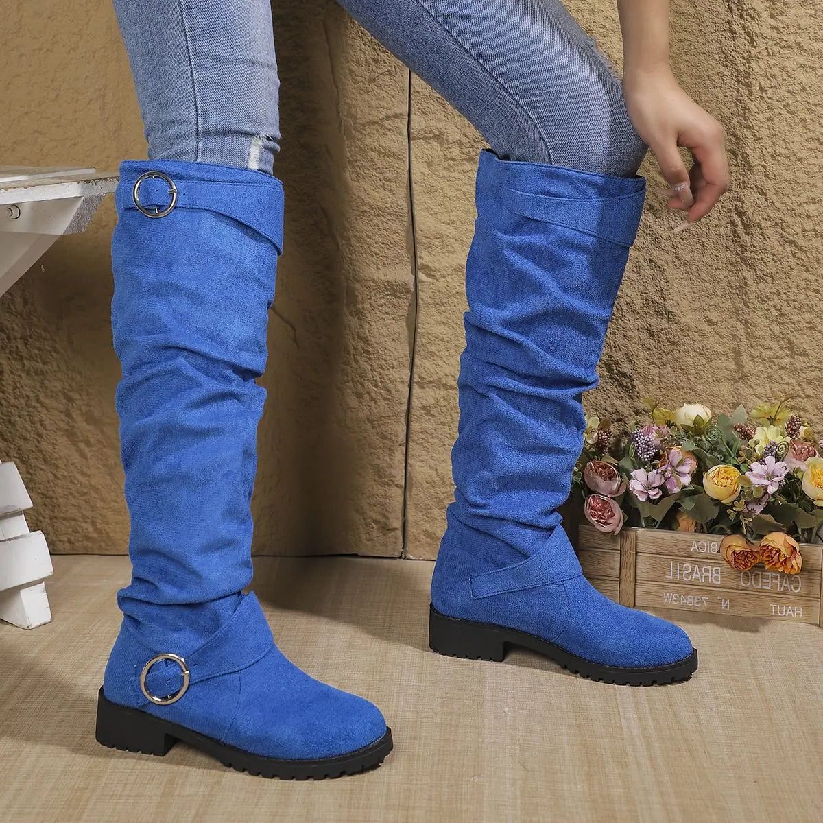 Women's Faux Suede Slouch Knee-High Boots with Ring Buckle Straps - Maisie London
