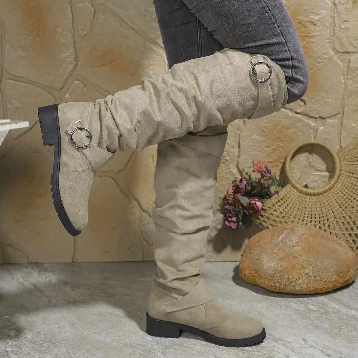 Women's Faux Suede Slouch Knee-High Boots with Ring Buckle Straps - Maisie London