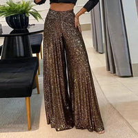 Women's Sequin Wide-Leg Trousers with High-Waist and Pleated Front - Maisie London