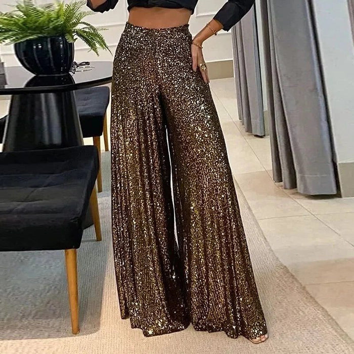 Women's Sequin Wide-Leg Trousers with High-Waist and Pleated Front - Maisie London