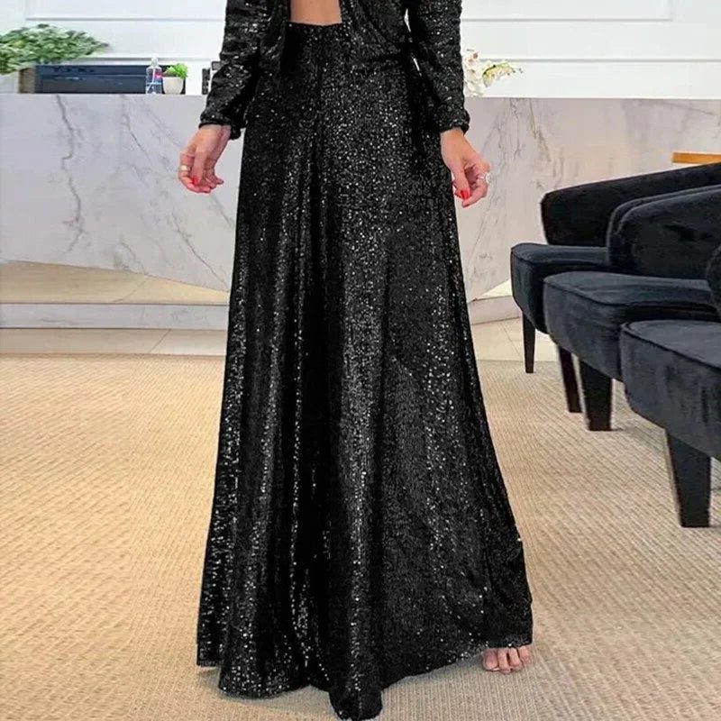 Women's Sequin Wide-Leg Trousers with High-Waist and Pleated Front - Maisie London