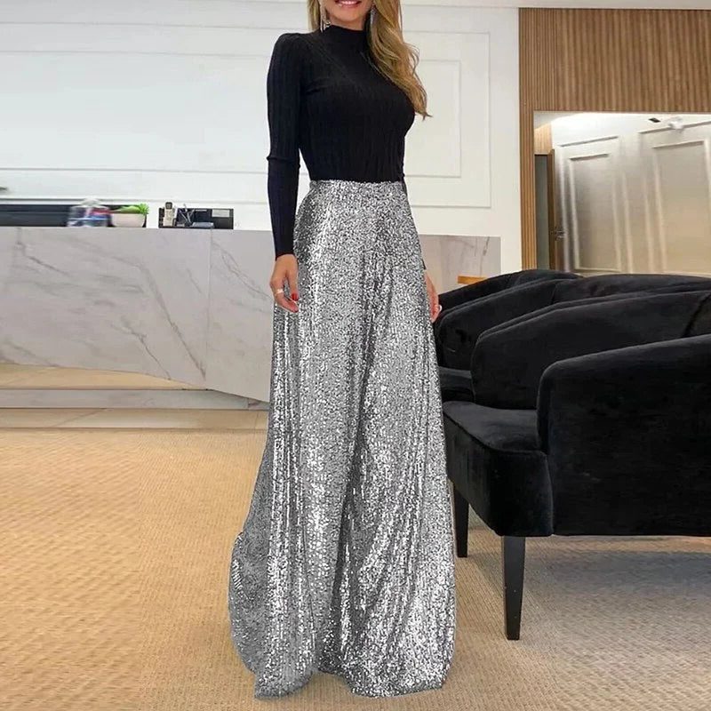 Women's Sequin Wide-Leg Trousers with High-Waist and Pleated Front - Maisie London