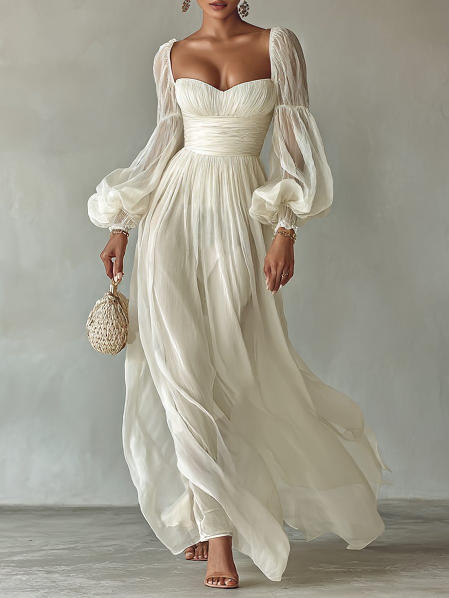 Women's White Chiffon Maxi Dress with Balloon Sleeves and Ruched Waist - Maisie London