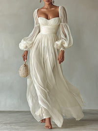 Women's White Chiffon Maxi Dress with Balloon Sleeves and Ruched Waist - Maisie London