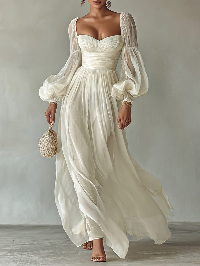 Women's White Chiffon Maxi Dress with Balloon Sleeves and Ruched Waist - Maisie London