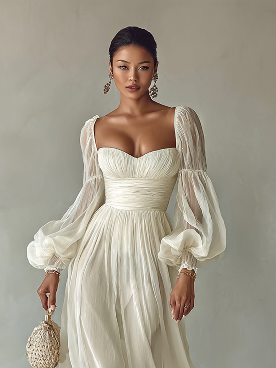 Women's White Chiffon Maxi Dress with Balloon Sleeves and Ruched Waist - Maisie London